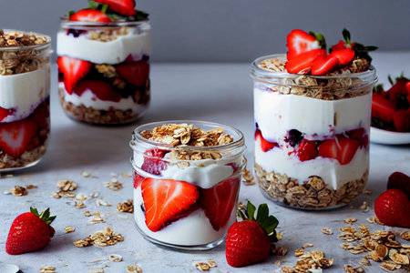 Healthy breakfast of strawberry parfaits made with fresh fruit, yogurt and granola on a white table, food photography and illustrationの写真素材