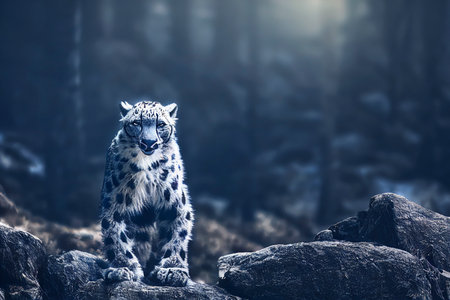 Large wild snow leopard standing in the middle snow rocky forest landscape, illustration renderingの写真素材