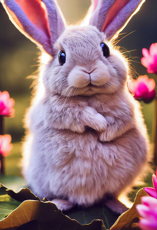 Cartoon fluffy baby bunny girl with big eyes and a pink flower, cartoon illustrationの写真素材