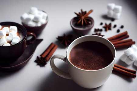 Mugs of hot chocolate or cocoa with marshmallow and spices, festive fall and winter Christmas hot drink, food photography, photorealistic illustrationの写真素材