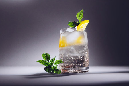 Close-up of a glass with a cold cocktail decorated with lemon and a sprig of mint on a gray...