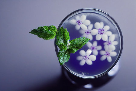 Close-up of a glass with a cold cocktail decorated with flowers and a sprig of mint on a gray...