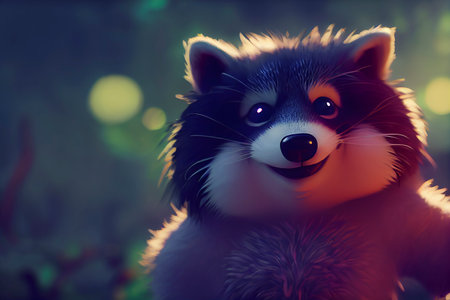 Smiling portrait of a cute fluffy cartoon racoon with a blurred fairytale forest in the background, highly detailed illustrationの写真素材