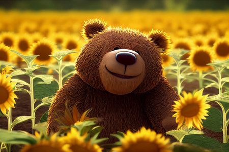 Cute smiling cartoon brown bear relaxing in a field of sunflowers, highly detailed illustrationの写真素材