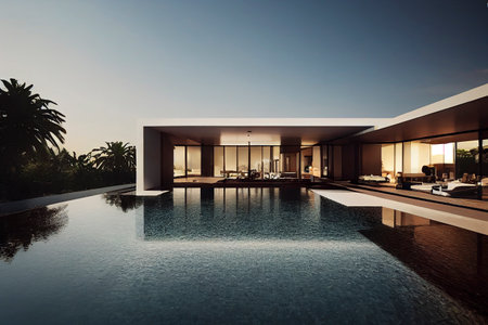 Ultra wide angle view of a modern villa and a luxurious infinity pool with a sunset reflection,...