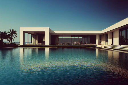 Ultra wide angle view of a modern villa and a luxurious infinity pool with a sunset reflection, residential architecture, photorealistic illustrationの写真素材