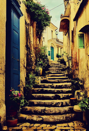 Enchanting old quarter of beautiful old European town with stone houses along narrow steps in a...