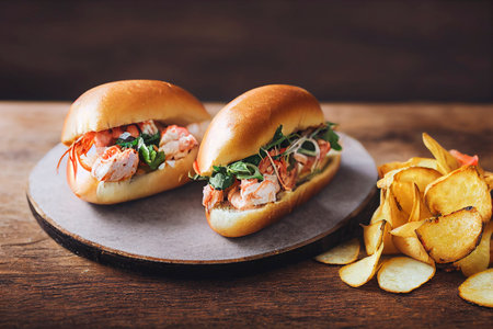 Tasty fresh lobster roll sandwiches with potato chips on a rustic wooden board, food photography, photorealistic illustrationの写真素材