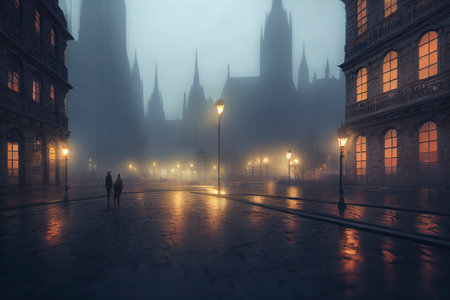 Ethereal gothic city in the rain, intricate buildings and people walking in the street, vanishing point, illustrationの写真素材