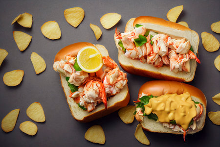Tasty fresh lobster roll sandwiches with potato chips on a rustic wooden board, food photography, photorealistic illustrationの写真素材