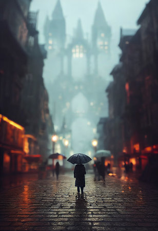 Ethereal gothic city in the rain, intricate buildings and people walking in the street, vanishing point, illustrationの写真素材