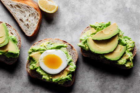 Avocado sandwich toast with a soft boiled egg, food photography, photorealistic illustration