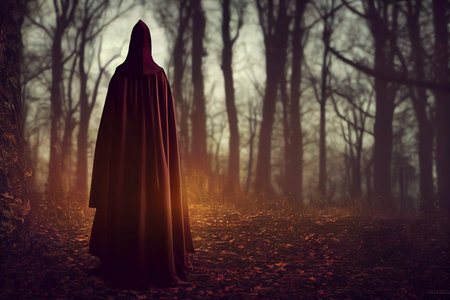 Scary fantasy witch woman in a black dress and cape with a hood walking through a dark dense deep autumn forest orange, Halloween themeの写真素材