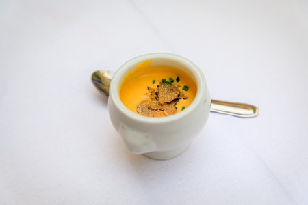 Truffle cream appetizer with a slice of a black truffle and chopped green onions in a ramekin at a luxury restaurant in Nice, Franceの写真素材