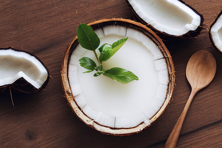 Coconut in a shell full of coconut milk with a sprig of mint on an old wooden table, food photography, top down view, generative AI illustrationの素材