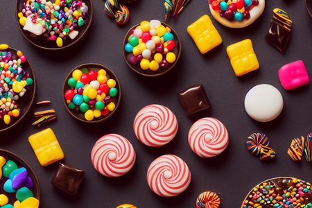 Selection of colorful sweet candy spread on a dark table, festive holiday, birthday celebration theme, generative AIの素材