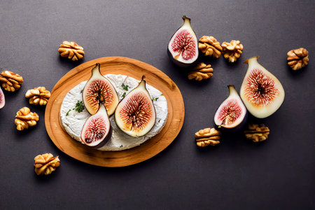 Brie cheese served on a wooden board with figs and walnuts, generative AI illustrationの素材