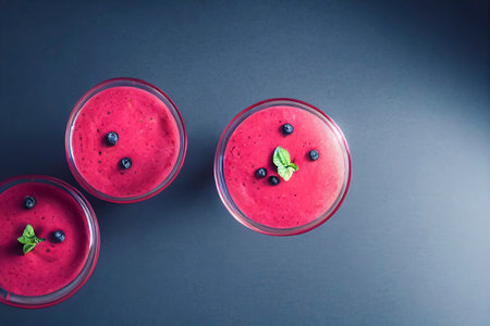 Delicious healthy smoothie in glasses with yogurt, strawberry, blueberry and mint, breakfast idea, food photography, generative AIの素材