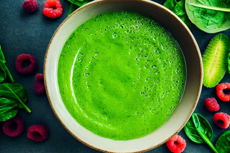 Delicious healthy smoothie in bowls with spinach, yogurt, raspberry, blueberry, mango, kiwi and mint, breakfast idea, food photography, generative AIの素材