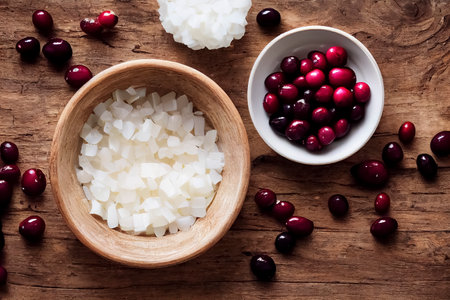Chunks of diced coconut and fresh raw cranberries in a bowl on an old wooden table, generative AIの素材