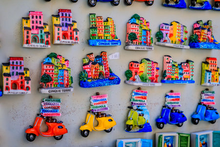 Vernazza, Italy - June 01, 2022: Colorful souvenir magnets with views of Cinque Terre villages on display at an old town gift shopのeditorial素材