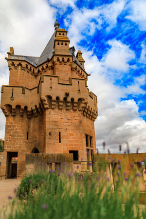 Olite, Spain - June 23, 2021: Details of the ornate gothic architecture of the palace of the Kings of Navarre or Royal Palace of Olite in Navarraのeditorial素材