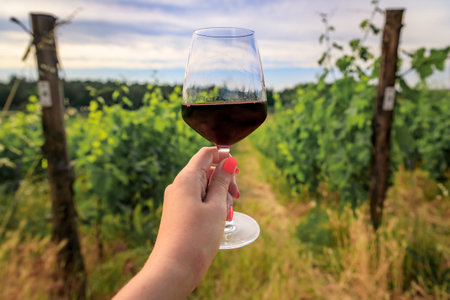 Woman s hand holding a glass of red Chianti wine at a vineyard with a scenic background of green grape vines in the famous Tuscany region, Italyの写真素材