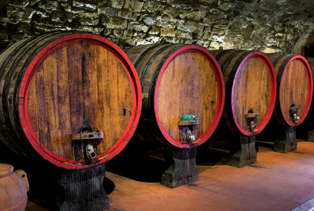 Chianti wine from Sangiovese grapes aging in wooden barrels at a vineyard in the famous wine...