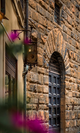 Medieval Renaissance gothic buildings and flowers on a narrow street in Oltrarno Santo Spirito, Centro Storico or Historic Centre of Florence, Italyの写真素材