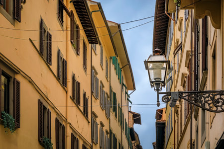 Medieval Renaissance gothic buildings along a narrow street in Oltrarno Santo Spirito area of Centro Storico or Historic Centre of Florence, Italyの写真素材