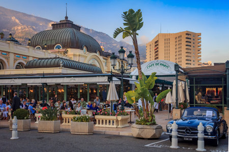 Monte Carlo, Monaco - October 16, 2013: Cafe de Paris, famous elegant art nouveau brasserie at the Grand Casino and a 1955 Mercedes Benz SL 190のeditorial素材