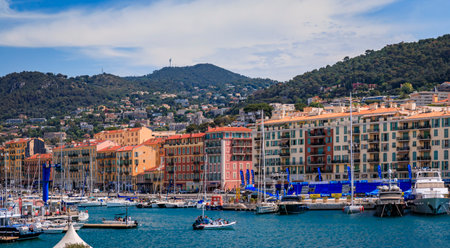 Nice, France - May 26, 2022: View of boats in the marina and waterfront buildings in Lympia port on the Mediterranean Sea, Cote d'Azur, Franceのeditorial素材