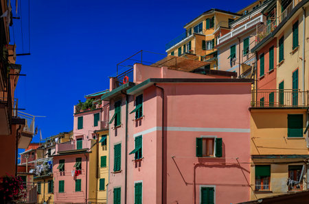 Traditional colorful houses on a hillside street in old town of Riomaggiore in Cinque Terre on the...