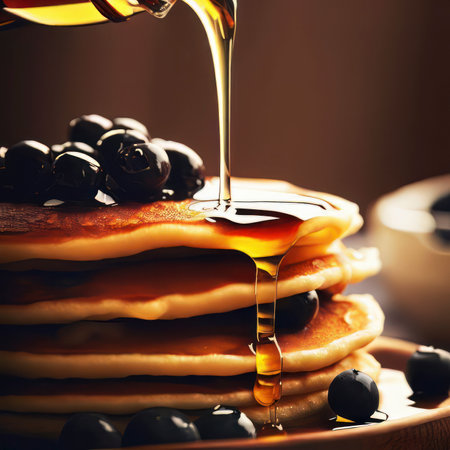 Maple syrup dripping onto a stack of blueberry pancakes, traditional breakfast or brunch, food photography, generative AI illustrationの素材