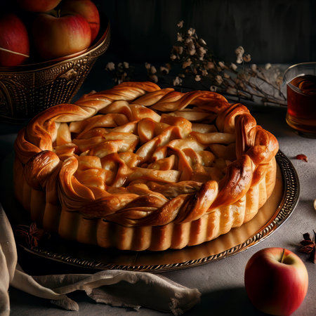 Sweet apple pie with golden crust fresh apples and decor on the table, gray background, dramatic lighting, food photography generative AI illustrationの素材