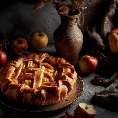 Sweet apple pie with golden crust fresh apples and decor on the table, gray background, dramatic lighting, food photography generative AI illustrationの素材