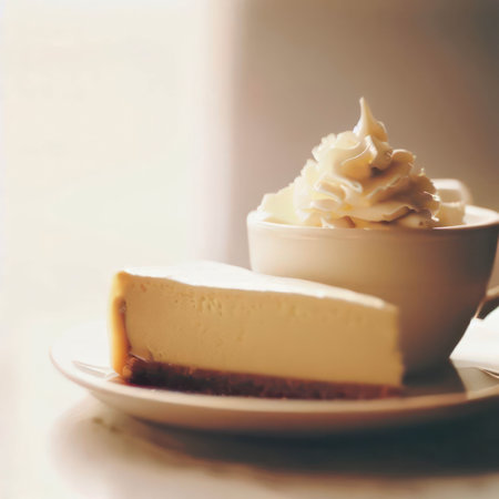 Slice of traditional cheesecake decorated with frosting and a cup of coffee latte, food photography, light background, generative AI illustrationの素材
