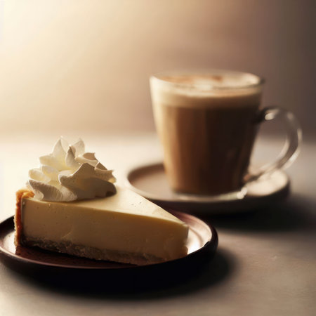Slice of traditional cheesecake decorated with frosting and a cup of coffee latte, food photography, light background, generative AI illustrationの素材