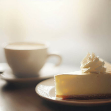 Slice of traditional cheesecake decorated with frosting and a cup of coffee latte, food photography, light background, generative AI illustrationの素材
