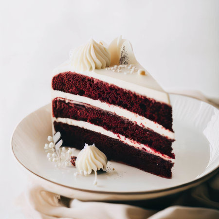Slice of traditional classic chocolate red velvet cake decorated with frosting, food photography, generative AI illustrationの素材