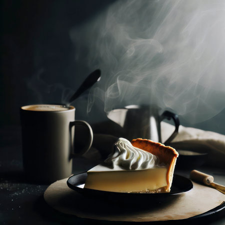Slice of traditional cheesecake decorated with frosting and a cup of coffee latte, food photography, light background, generative AI illustrationの素材