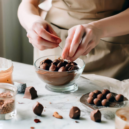 Making homemade chocolate truffle candy, festive desserts for a party, food photography, generative AI illustrationの素材
