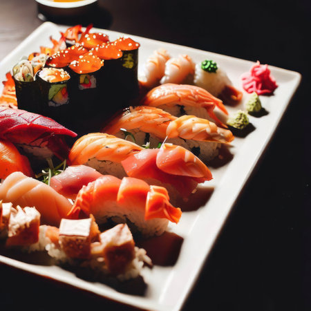 Beautifully plated sushi and sashimi on a dark background, dramatic lighting, food photography, generative AI illustrationの素材