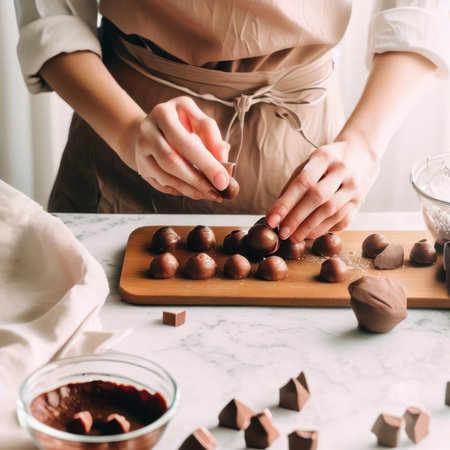 Making homemade chocolate truffle candy, festive desserts for a party, food photography, generative AI illustrationの素材