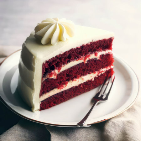 Slice of traditional classic chocolate red velvet cake decorated with frosting, food photography, generative AI illustrationの素材