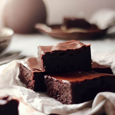 Chocolate brownies pieces, traditional American dessert on a table, food photography, generative AI illustrationの素材