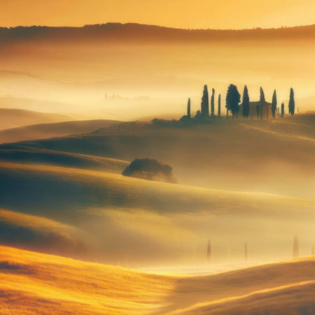 Tuscan rolling hills with cypresses and oak trees at sunset, during a hazy golden hour, generative AI illustrationの素材