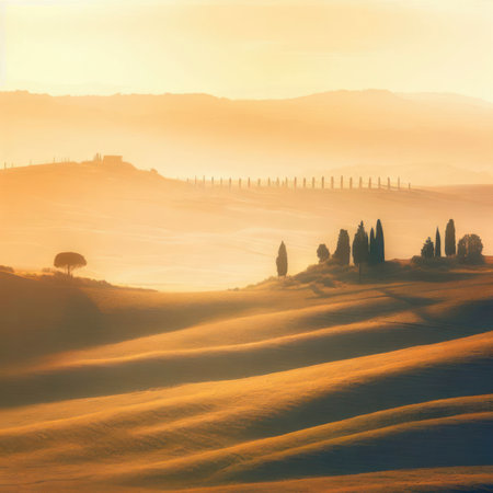 Tuscan rolling hills with cypresses and oak trees at sunset, during a hazy golden hour, generative AI illustrationの素材