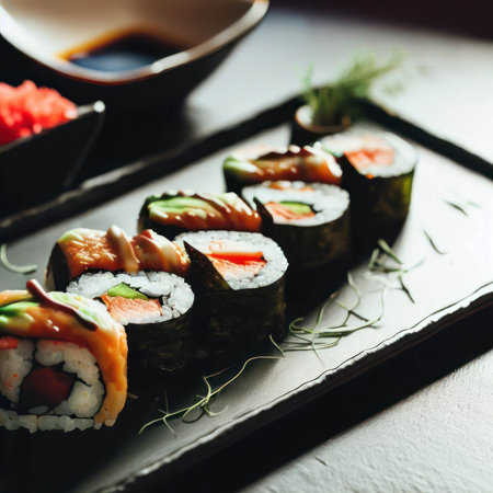 Beautifully plated sushi roll on a dark background, dramatic lighting, food photography, generative AI illustrationの素材