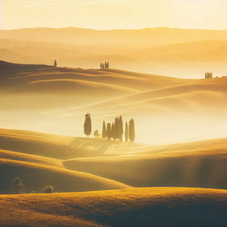 Tuscan rolling hills with cypresses and oak trees at sunset, during a hazy golden hour, generative AI illustrationの素材